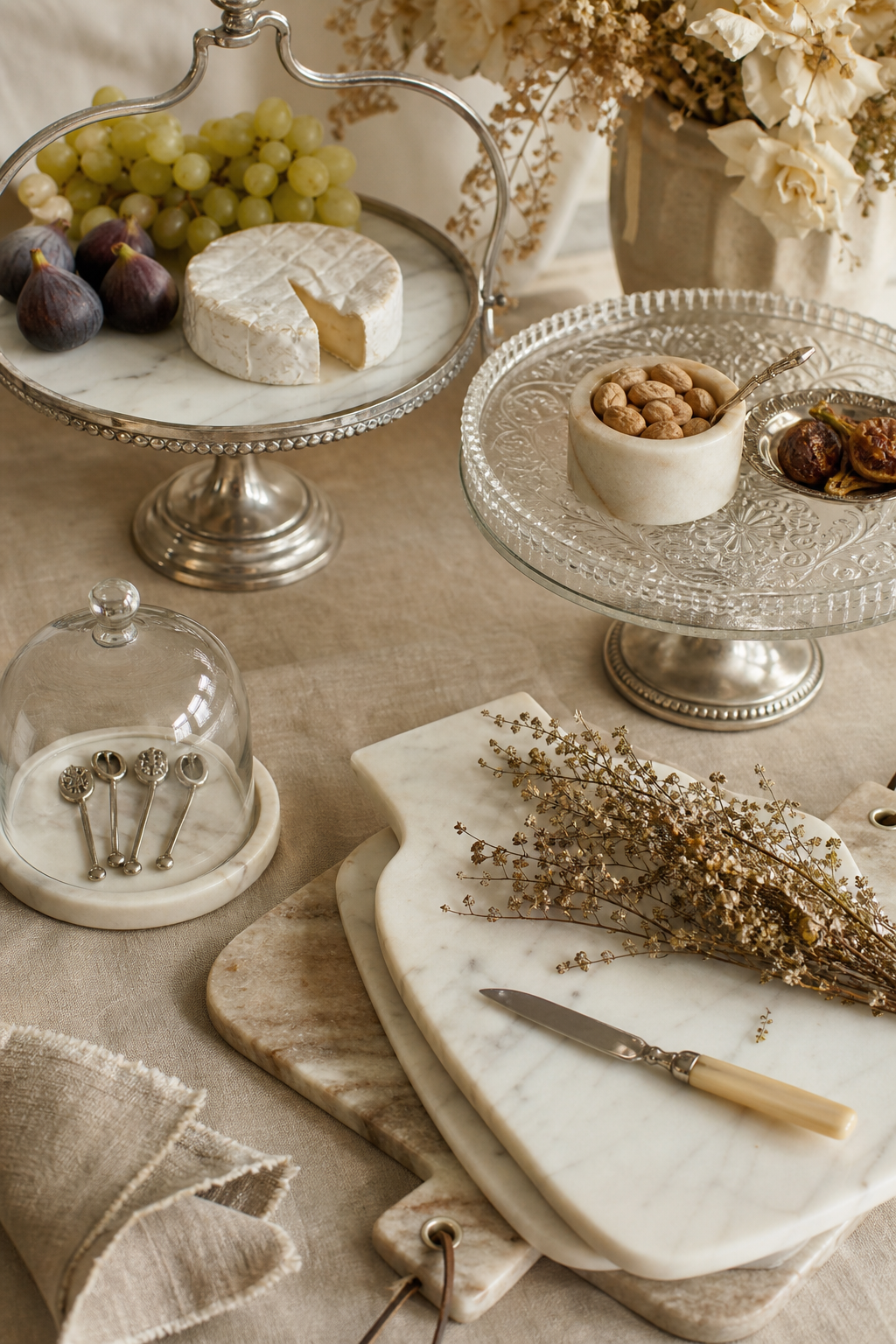 America Retold artisan home décor pieces — nickel display stands, etched glass serving dishes, and marble boards arranged on linen