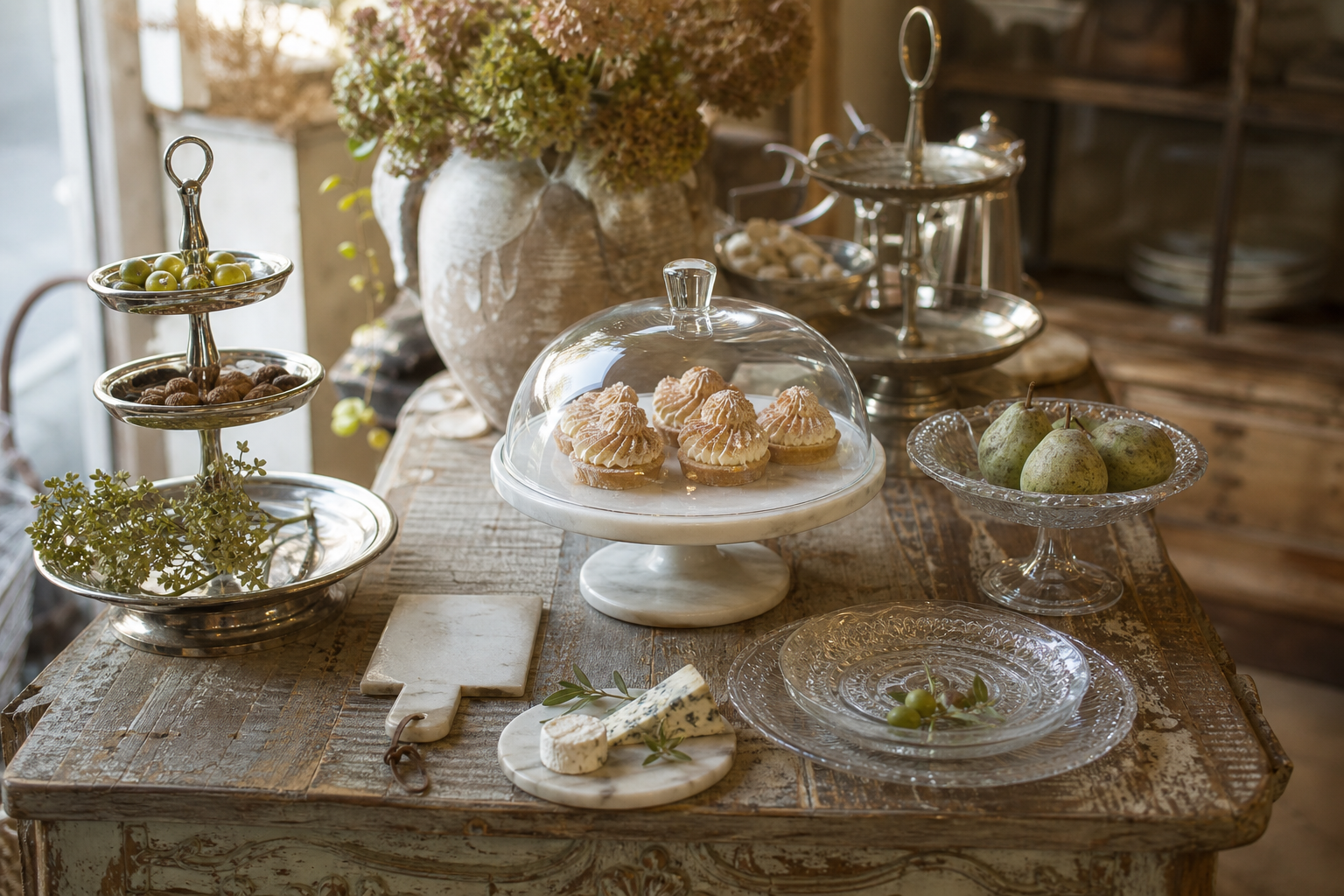 America Retold serving pieces — marble cake stand with glass cloche and nickel display stands on a French market table